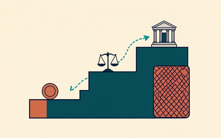 Three steps with a casino chip, scales and a regulator's building, linked by dotted arrows