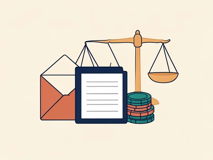 Envelope and document folder beside a stack of casino chips and a set of balance scales