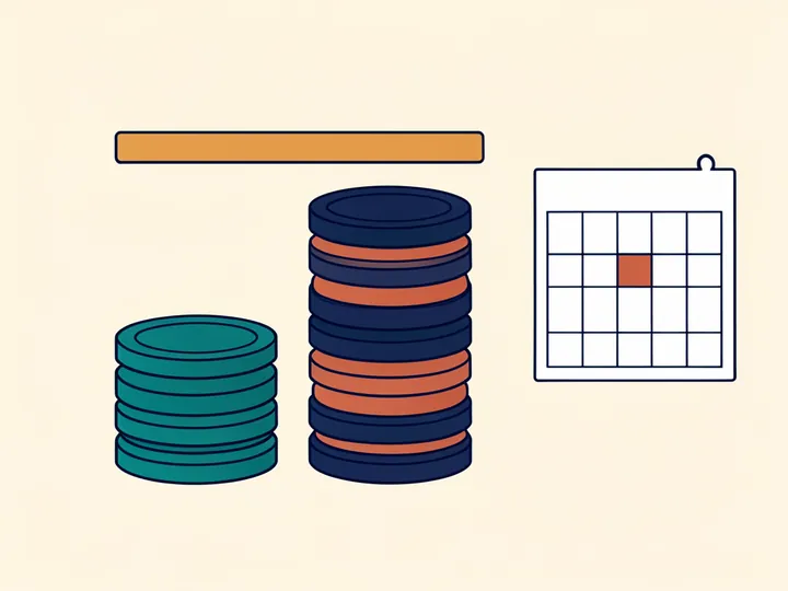Two stacks of casino chips under a horizontal limit bar, next to a calendar page