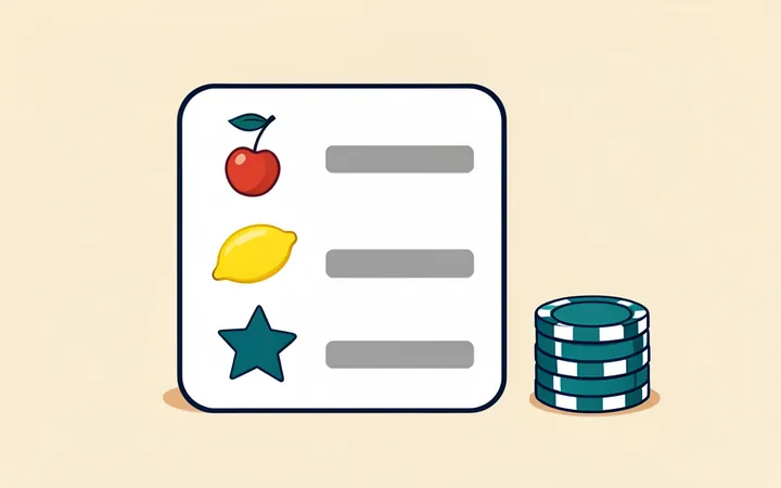 Paytable card with cherry, lemon and star symbols next to a stack of casino chips