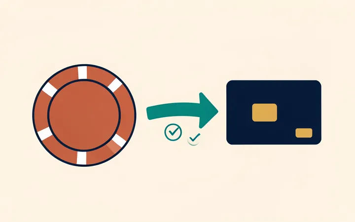 Casino chip with an arrow to a bank card and tick marks for withdrawal checks