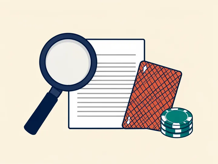 Magnifying glass over lined terms beside a face-down playing card and casino chips