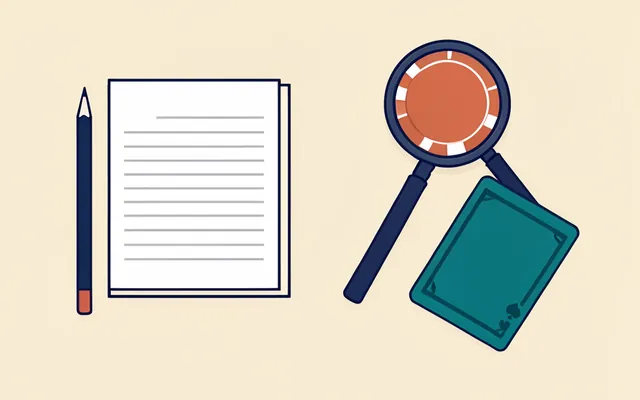 Editor's desk with a pencil, a notebook and a magnifying glass over a casino chip