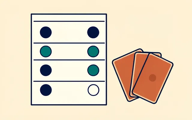 Ledger sheet marking each row with filled and hollow circles, next to three face-down playing cards