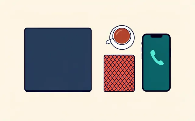 Closed laptop, a cup of tea, a deck of playing cards set aside and a phone showing a call icon